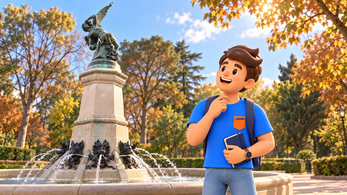 Traveller beside the Fallen Angel fountain, illustrated from a reference of the bronze and pedestal