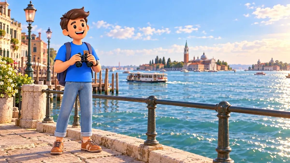 Illustration of a traveler holding binoculars on a Venetian waterfront overlooking the lagoon