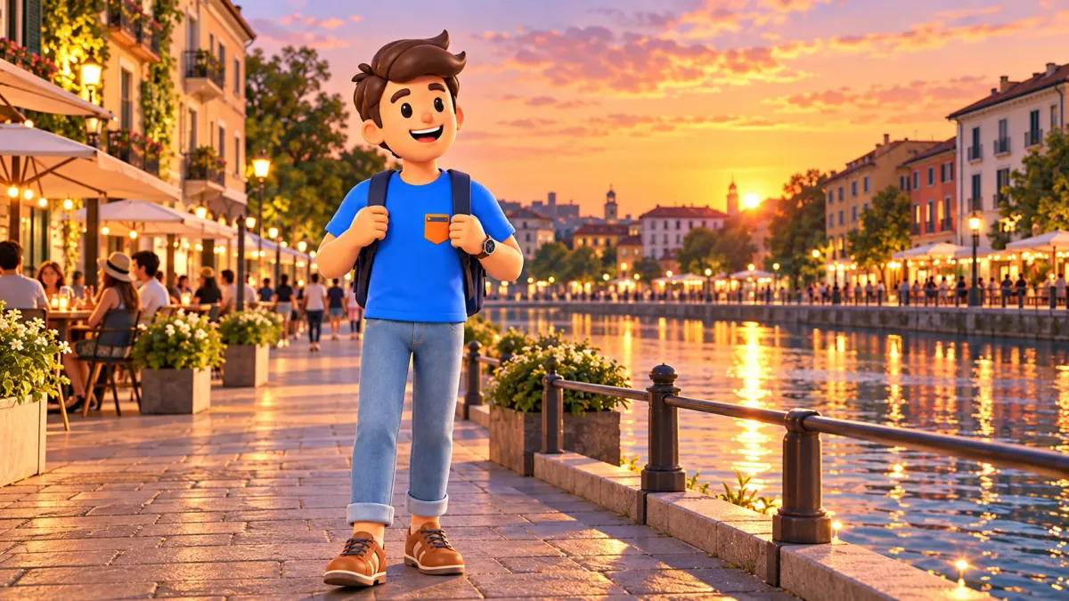 Illustration d’un voyageur sur un quai du soir inspiré des Navigli de Milan.