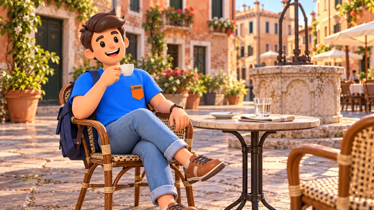 Illustration eines Reisenden mit Espresso an einem kleinen venezianischen Platz