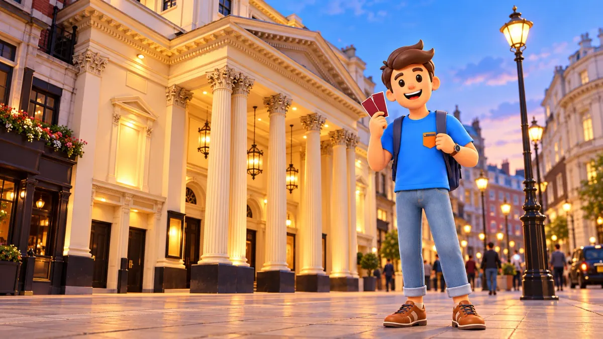 Illustration of a traveller with tickets beside a portico inspired by the Lyceum Theatre