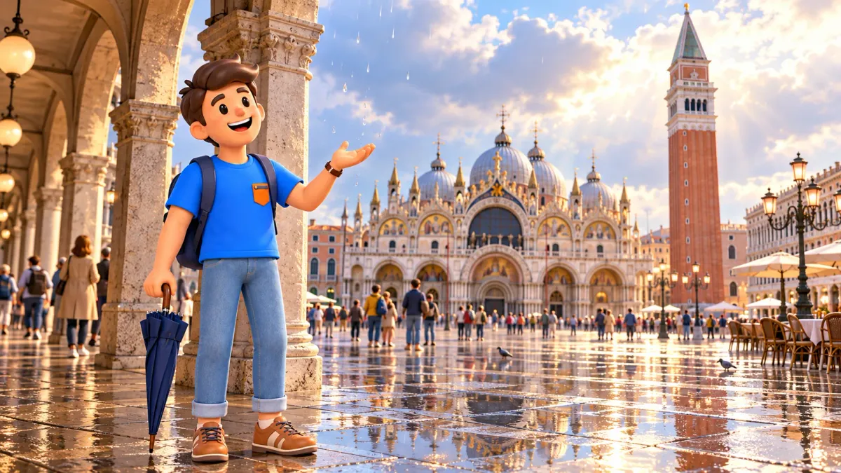 Illustration of a traveler with a folded umbrella under an arcade on Piazza San Marco after rain