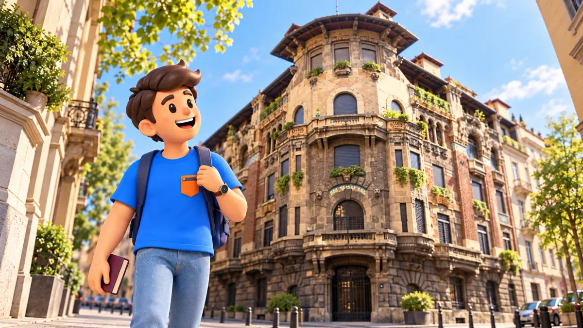 Ilustración de un viajero con una guía junto a la esquina de Palazzo Berri Meregalli.