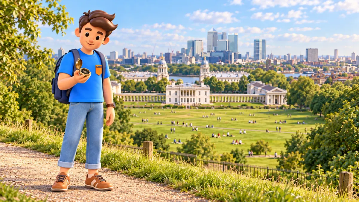 Illustration eines Reisenden mit Kompass und Panorama nach dem Vorbild von Greenwich Park