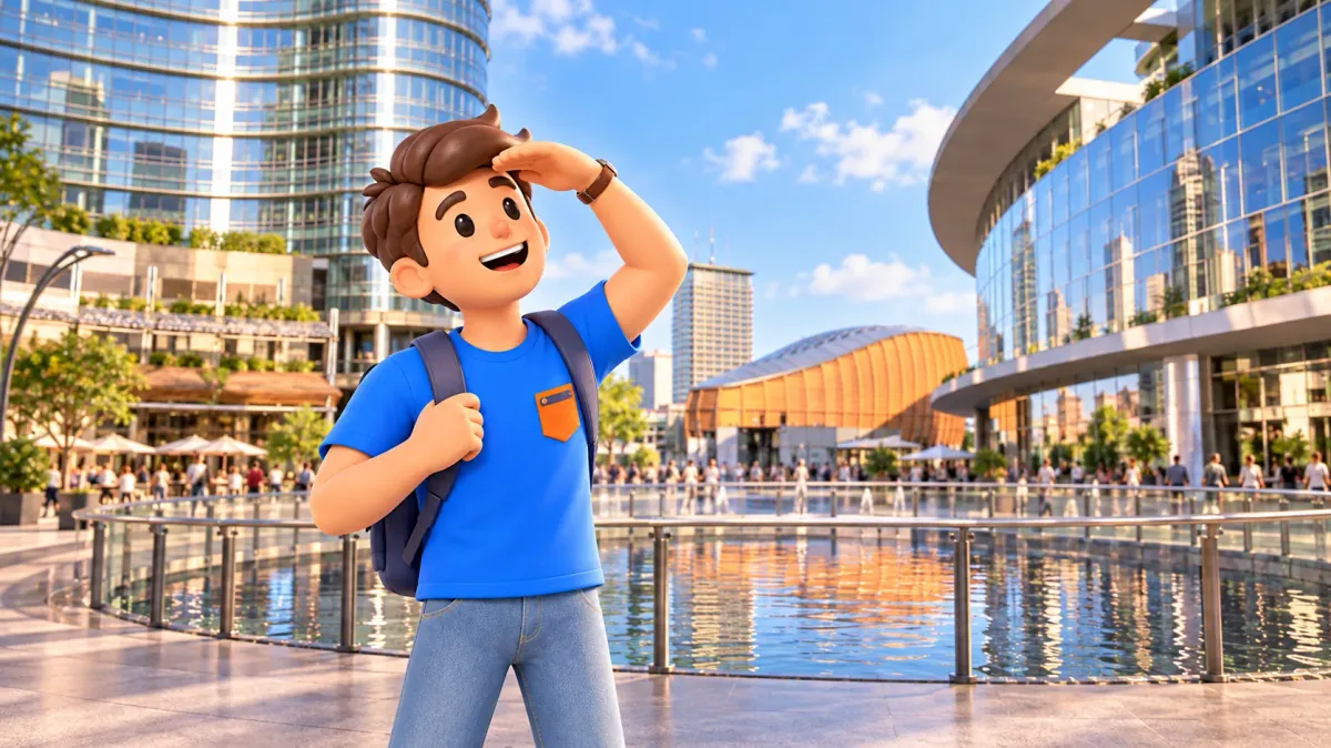 Illustration d’un voyageur regardant les façades vitrées de la Piazza Gae Aulenti.