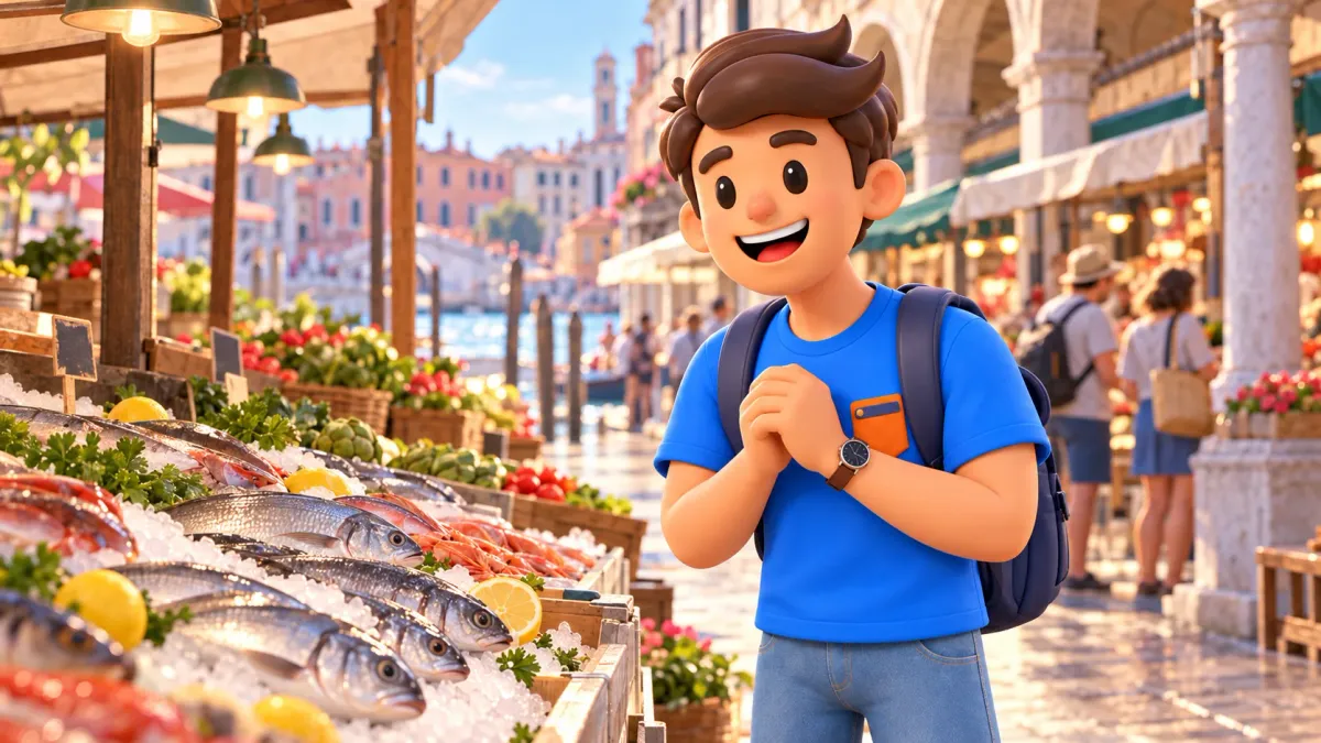 Illustration d’un voyageur devant un étal de poisson dans un marché du Rialto matinal stylisé