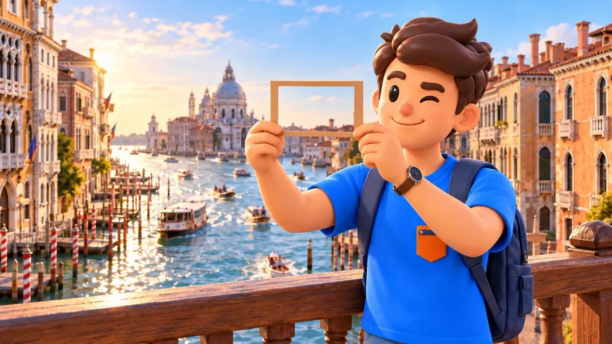Illustration of a traveler with an empty composition frame on Accademia Bridge, with the Salute in the distance