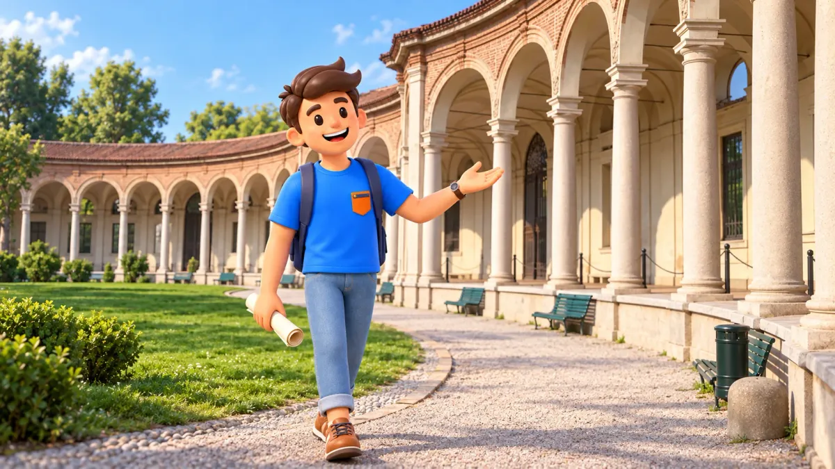 Illustration of a traveller holding rolled drawing paper beside the curved colonnade of Rotonda della Besana.