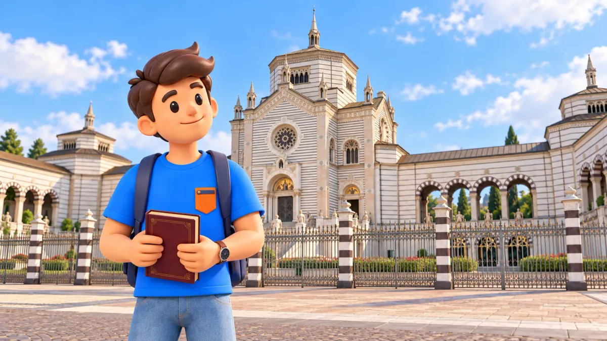 Ilustración de un viajero con un libro ante la fachada a franjas del Famedio del Cementerio Monumental de Milán.