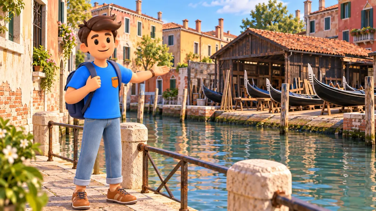 Illustration of a traveler on a public bank opposite the San Trovaso gondola boatyard