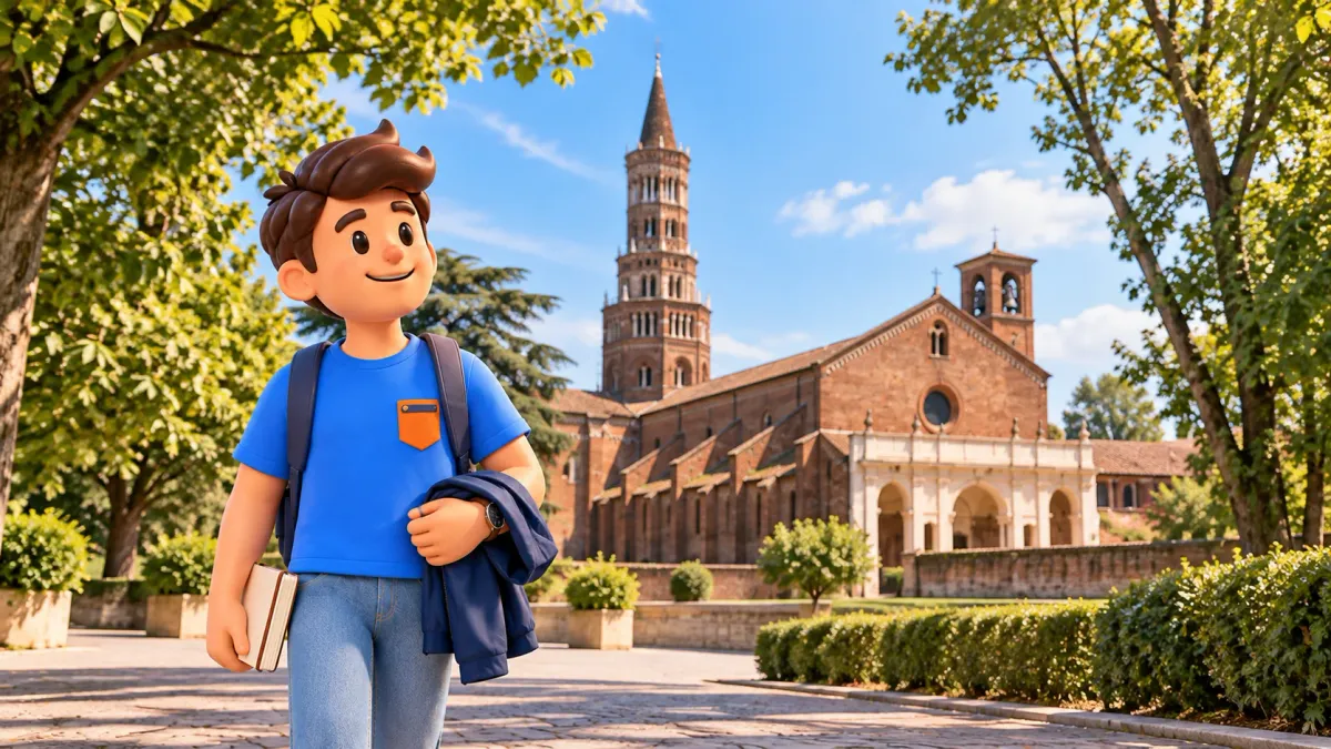 Illustration of a traveller with a notebook and folded jacket outside Chiaravalle Abbey; an atmospheric exterior.