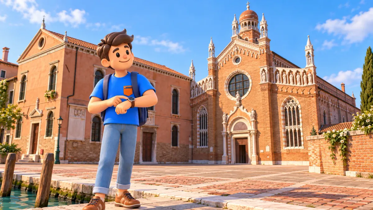 Illustration of a traveler checking his watch by a stylized Madonna dell’Orto church