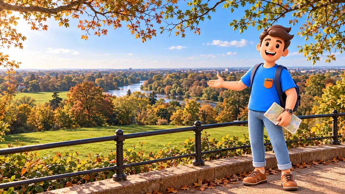 Illustration eines Reisenden mit Karte auf Richmond Hill über der Themse