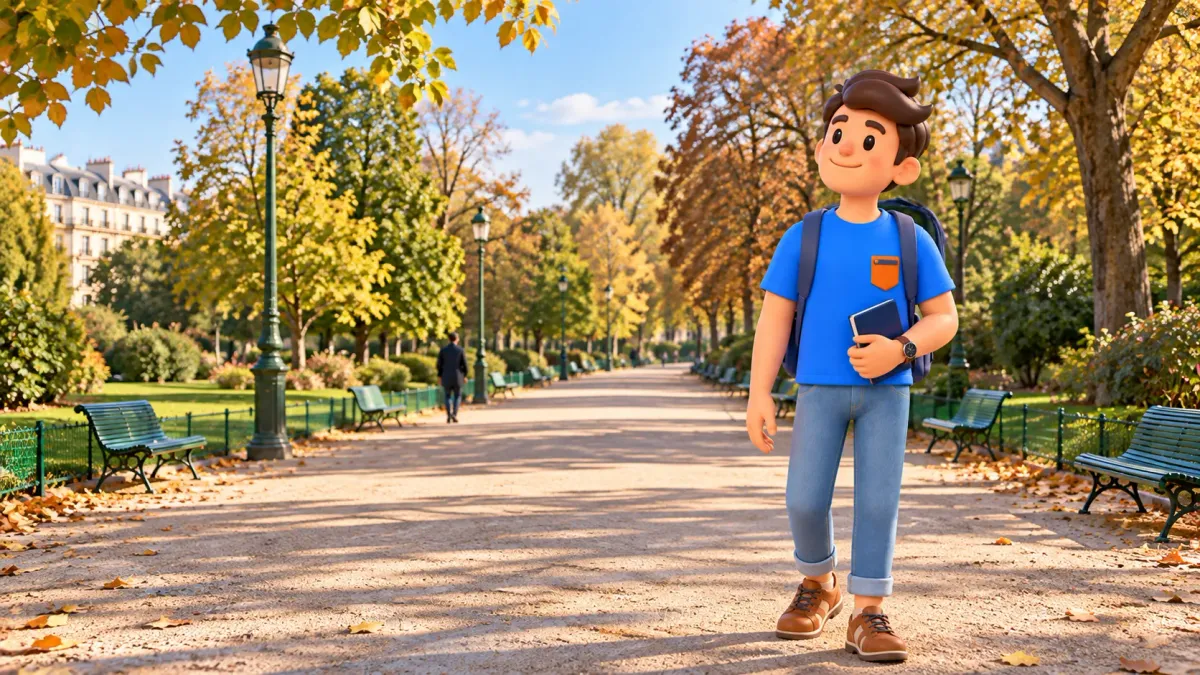 A traveler with a closed guidebook on an autumn avenue in Parc Monceau