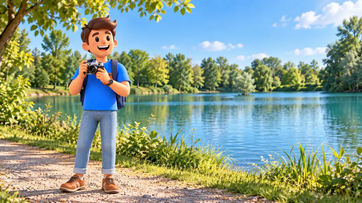 Illustration d’un voyageur avec appareil photo près d’un lac du Parco delle Cave ; scène évocatrice sur un chemin.