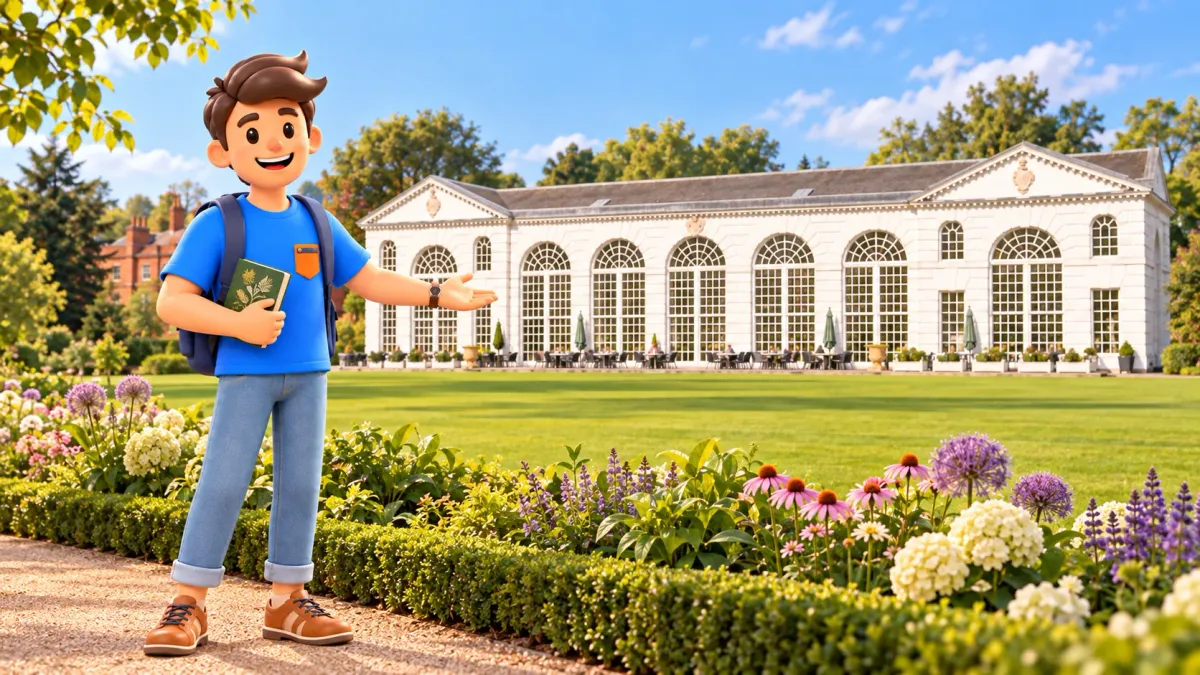Illustration d’un voyageur avec un guide botanique devant l’Orangery à Kew
