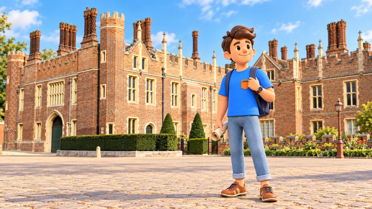 Illustration of a traveller outside the Tudor façade of Hampton Court