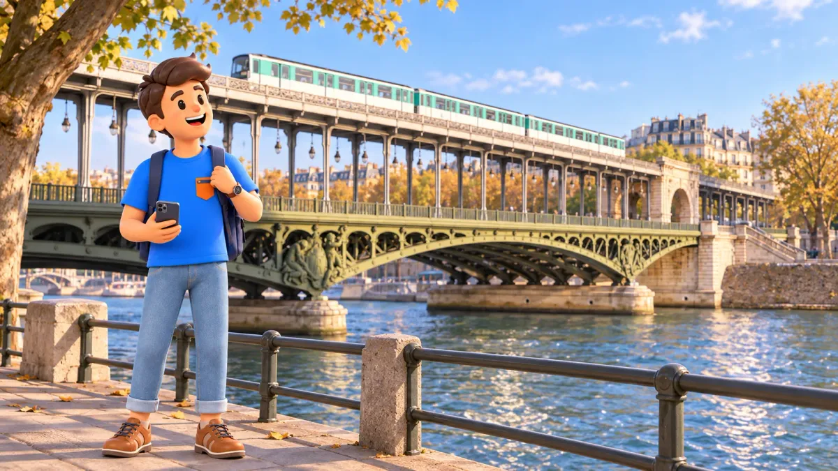 Un viajero con teléfono junto al puente de Bir-Hakeim de dos niveles y un tren de metro arriba