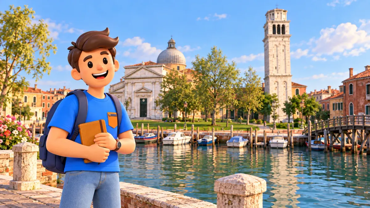 Illustration of a traveler holding a closed journal by the canal opposite San Pietro di Castello