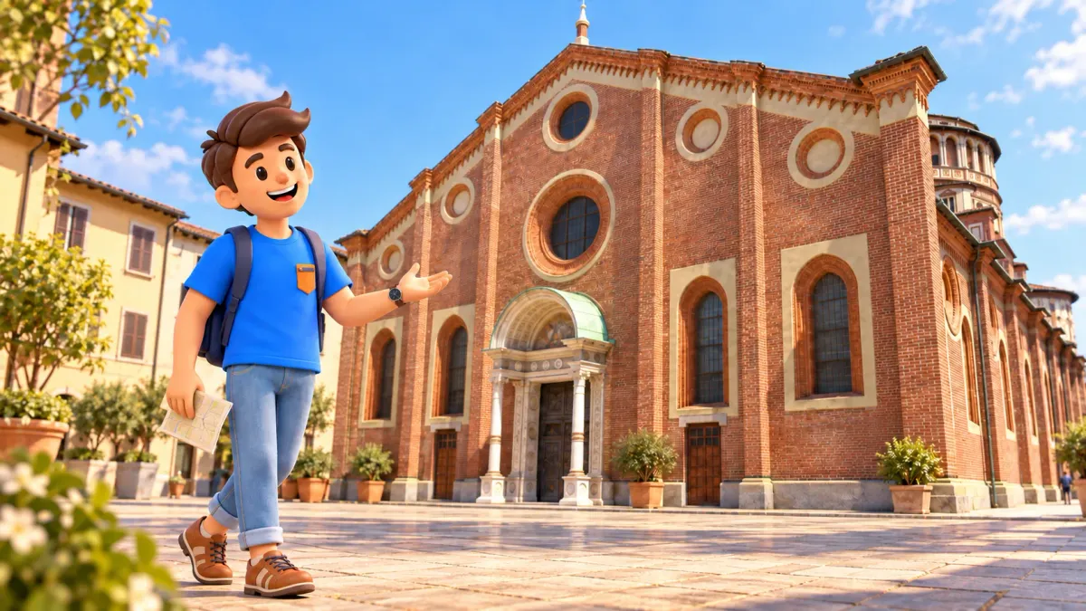 Illustration of a traveller with a paper plan outside the brick façade of Santa Maria delle Grazie in Milan.