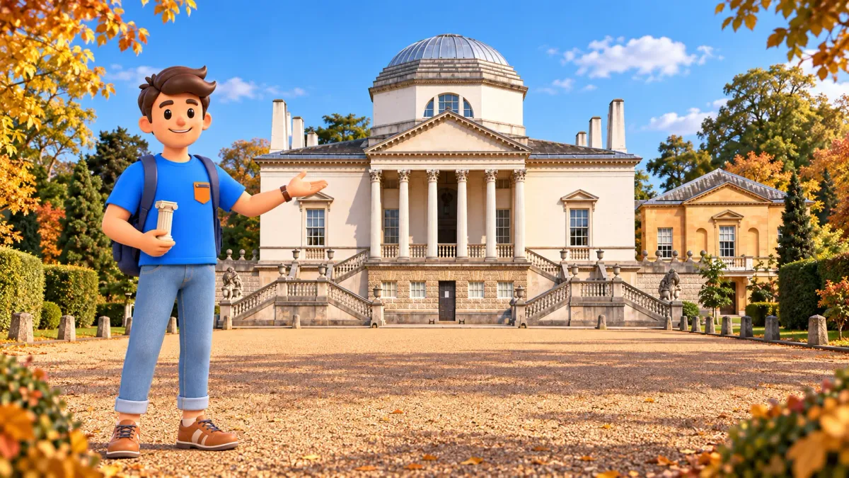 Illustration eines Reisenden mit einer Modellsäule vor Chiswick House