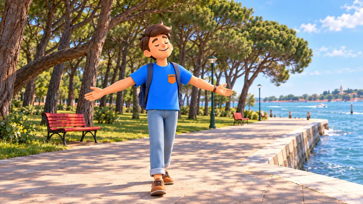 Illustration of a traveler stretching his arms on Sant’Elena pine park’s waterfront path