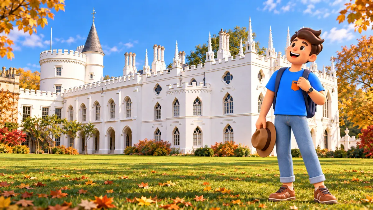 Illustration of a traveller with a hat outside the white towers of Strawberry Hill