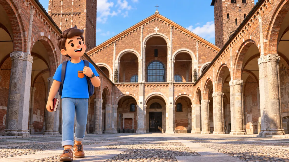 Illustration of a traveller holding a closed guidebook in the quadriportico courtyard of Sant’Ambrogio in Milan.