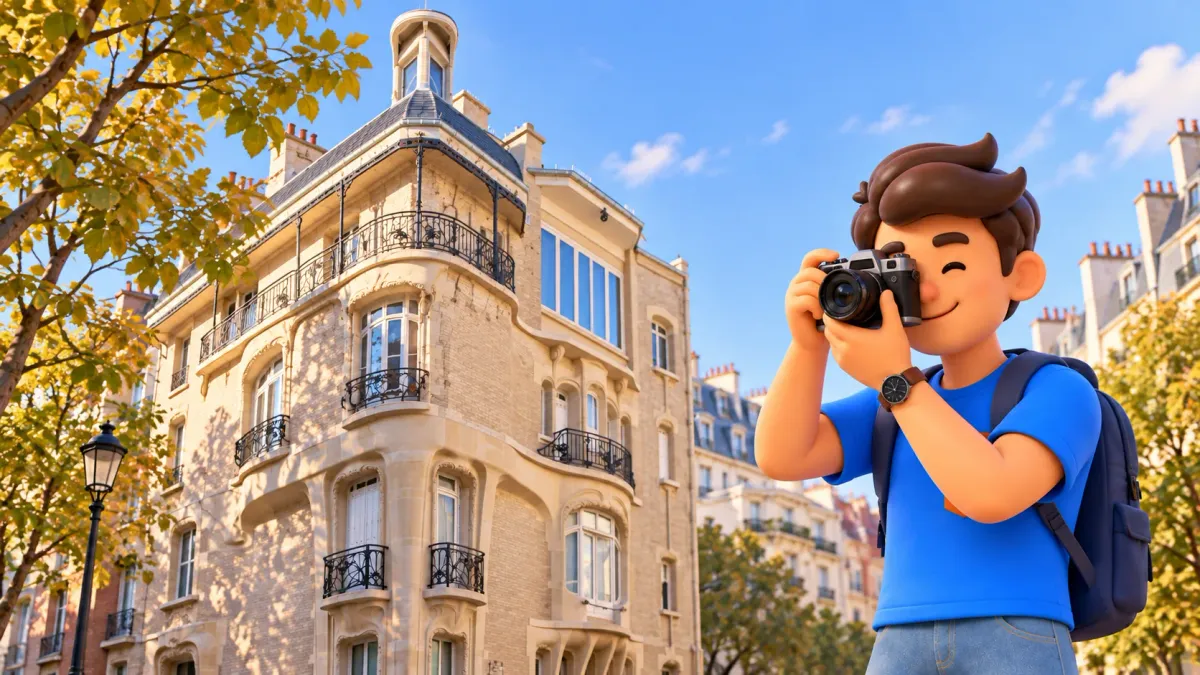 A traveler with a camera beside Hôtel Guimard on Avenue Mozart