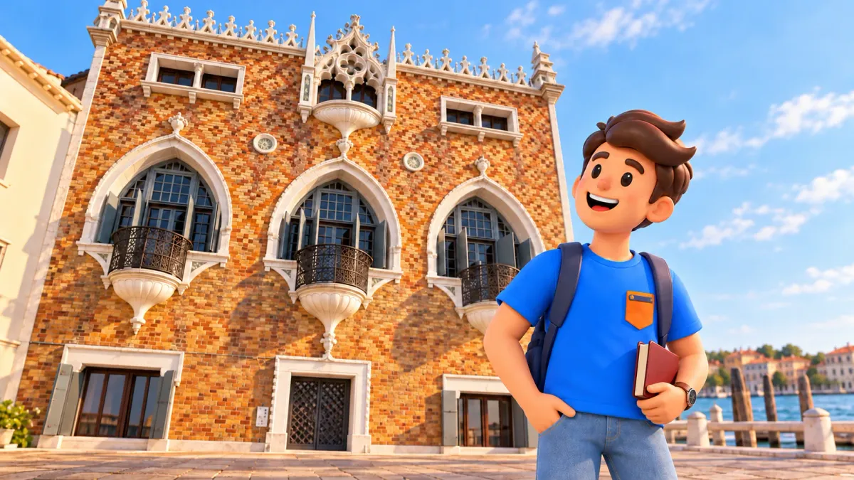 Illustration d’un voyageur avec un livre devant la Casa dei Tre Oci