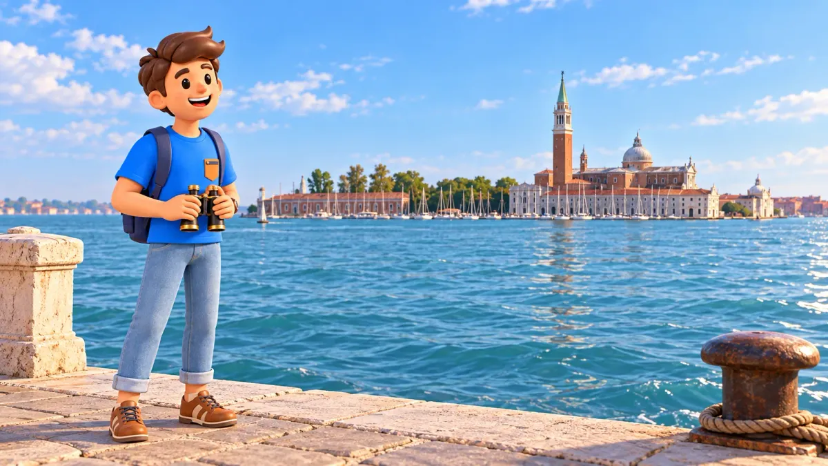 Illustration d’un voyageur tenant des jumelles face à San Giorgio Maggiore au-delà de l’eau