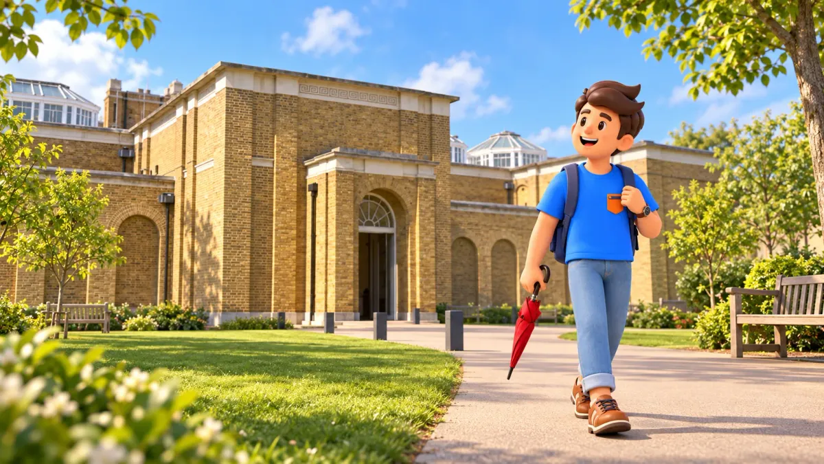 Illustration of a traveller with a closed umbrella outside Dulwich Picture Gallery