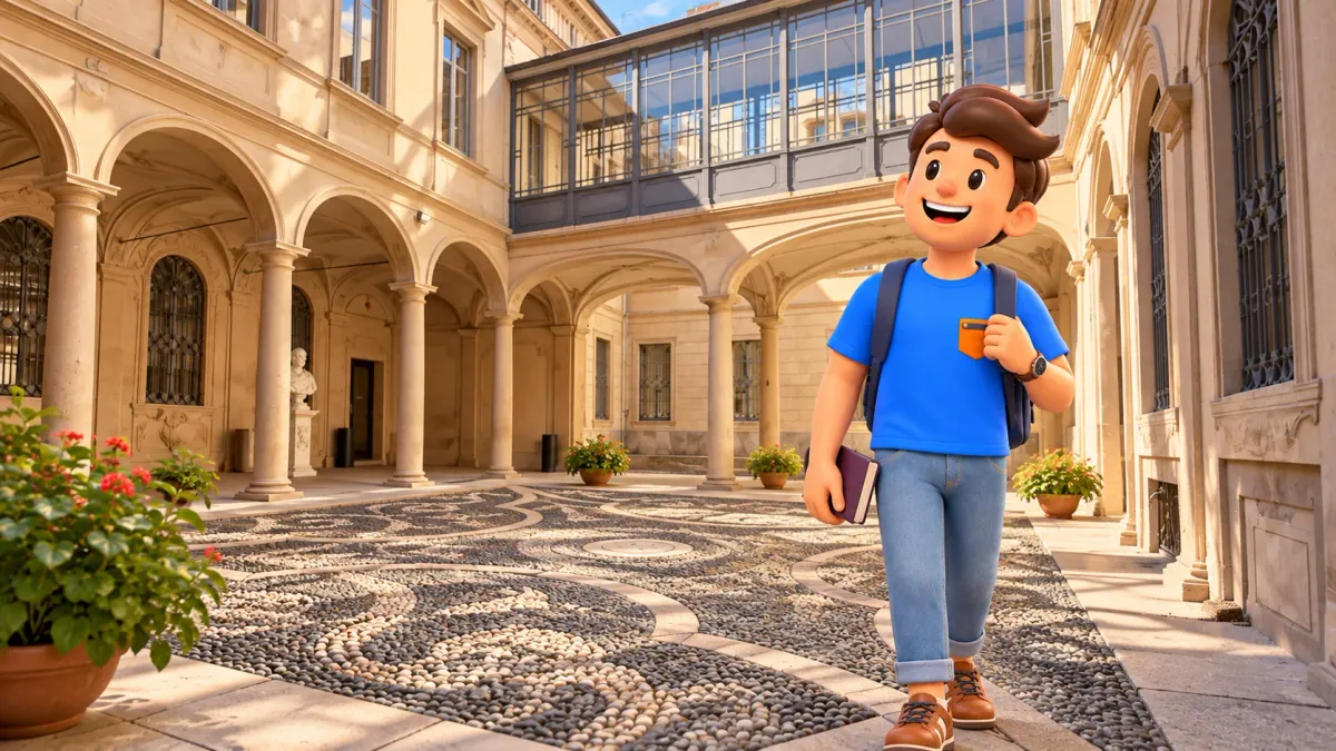 Illustration d’un voyageur avec un carnet fermé dans la cour à arcades du Palazzo Morando, au sol dessiné et à la galerie supérieure vitrée.