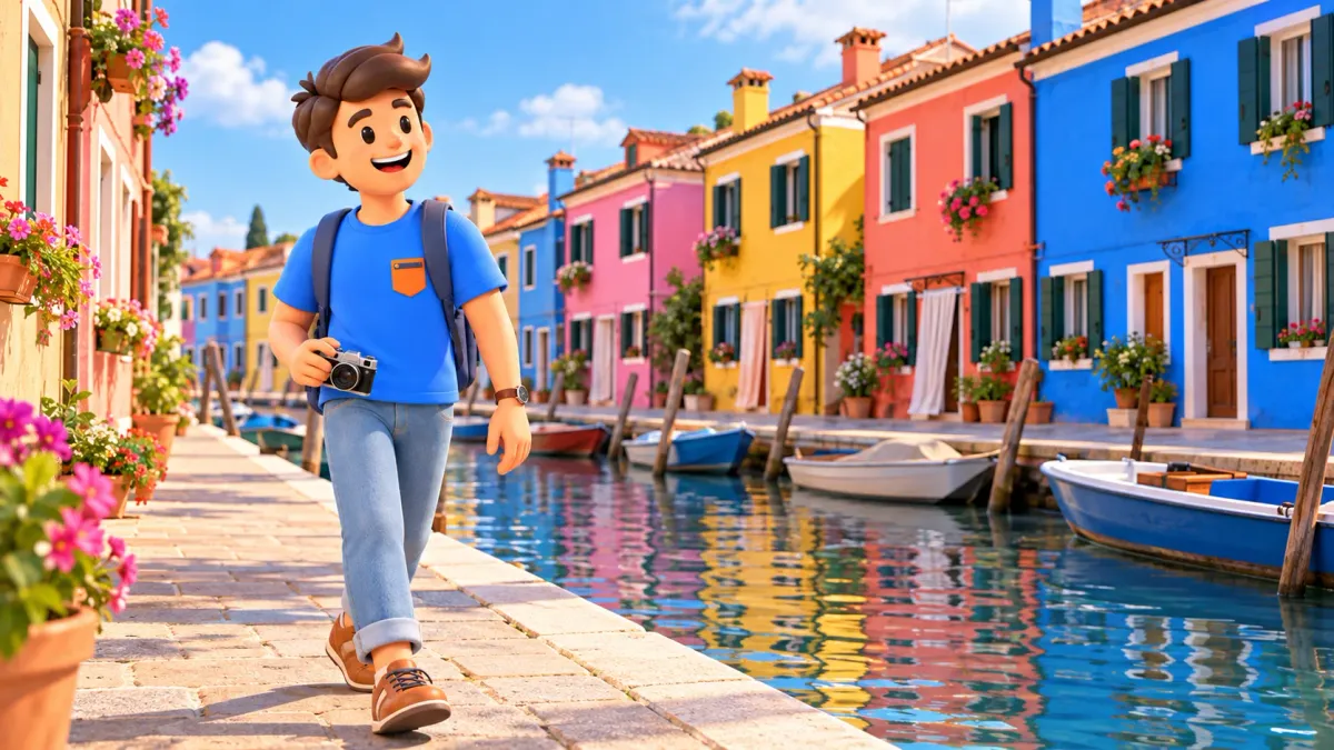 Ilustración de un viajero con cámara junto a casas de colores y un canal de Burano