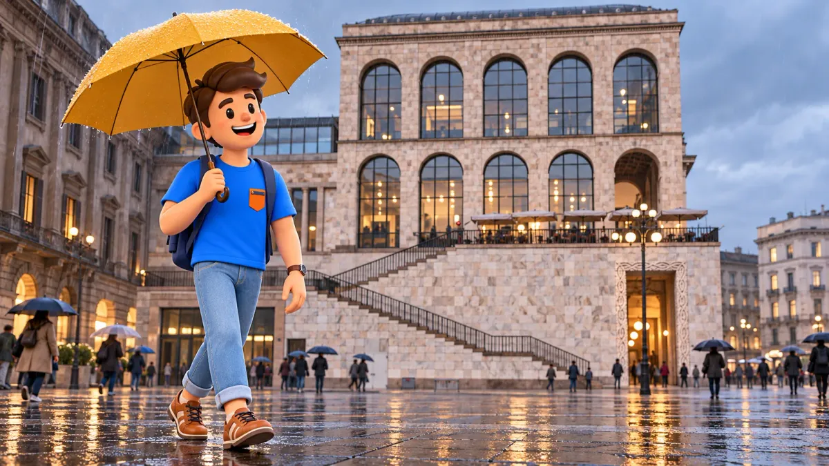 Illustration of a traveller beneath a yellow umbrella by the arched Museo del Novecento façade seen from Piazzetta Reale in the rain.