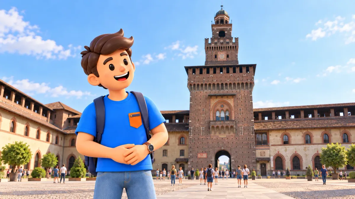 Illustration of a traveller in Sforza Castle’s courtyard facing the inner side of the Filarete Tower and pale flanking wings.