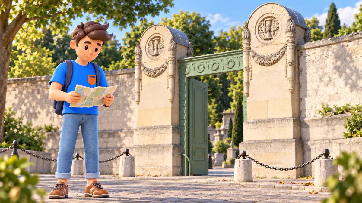 Un voyageur consulte un plan devant la porte monumentale du Père-Lachaise