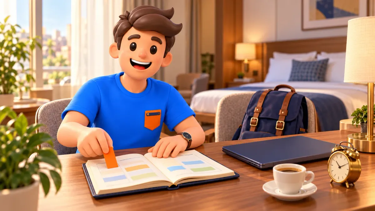 Illustration of a traveller marking a day planner at a hotel desk, with a closed laptop and an alarm clock nearby.
