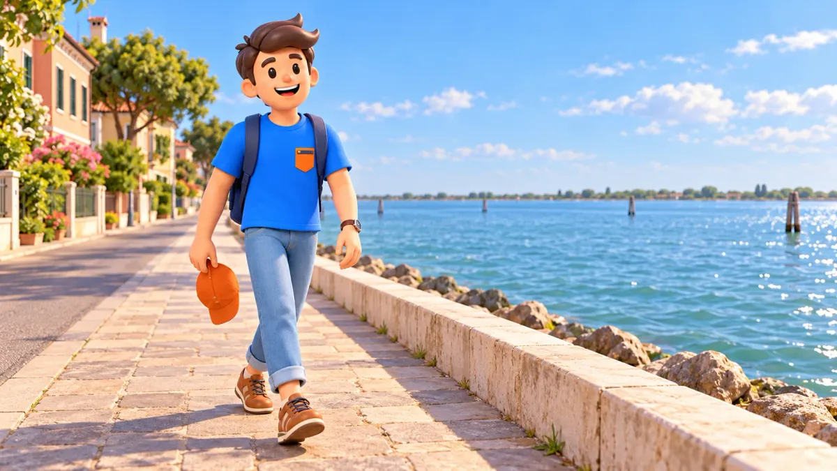 Symbolische Illustration eines Reisenden mit orangefarbener Kappe an der Lagune des Lido