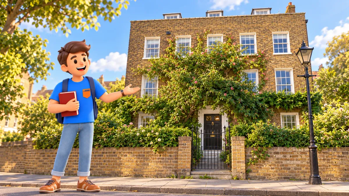 Illustration of a traveller holding a red book outside the brick façade of Kelmscott House