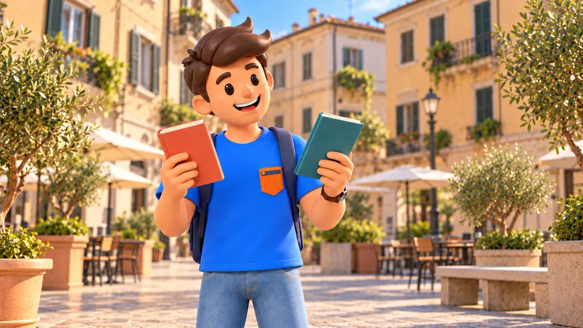 Illustration of a traveller choosing between two closed guidebooks in an anonymous Milan-style square without a specific landmark.