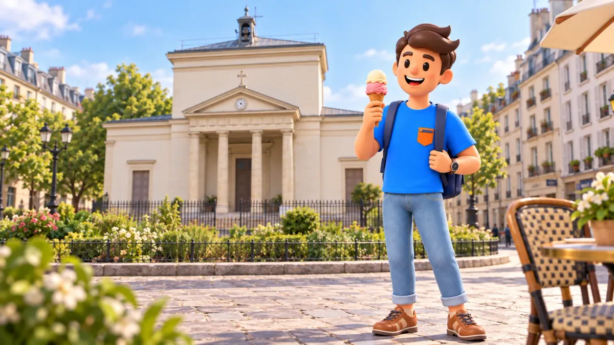 Un voyageur avec une glace sur la place devant Sainte-Marie des Batignolles