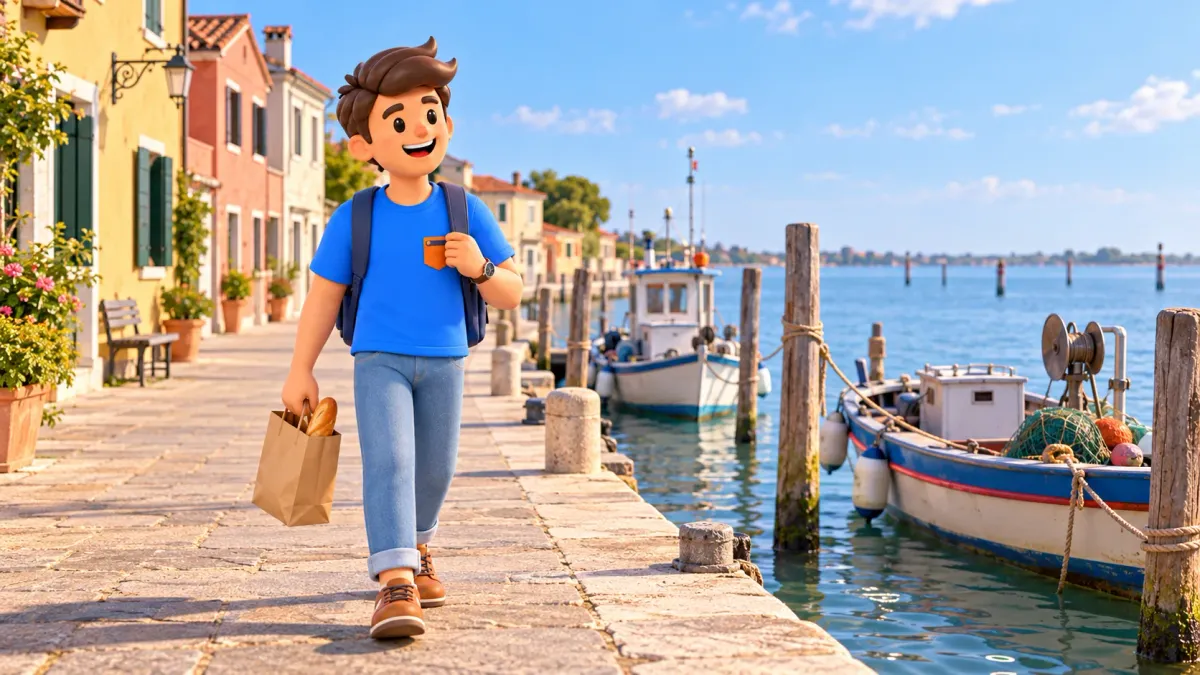 Illustration conceptuelle d’un voyageur sur le quai de Pellestrina près des bateaux de pêche