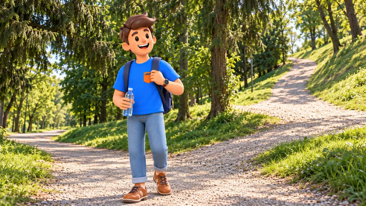 Illustration d’un voyageur avec une bouteille d’eau sur un chemin de gravier entre les pentes boisées de Monte Stella.