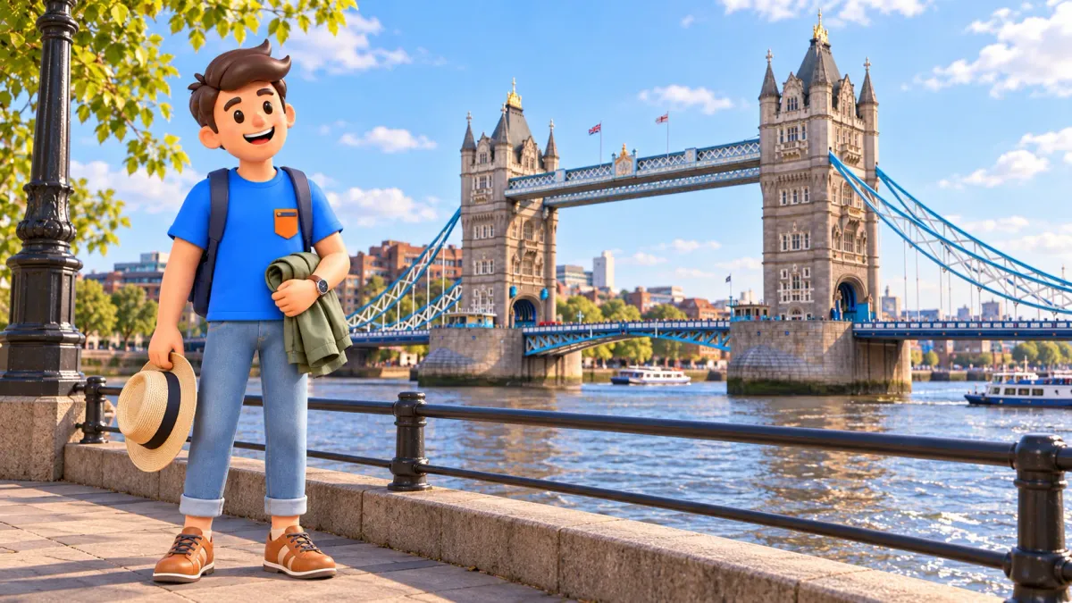 Illustration eines Reisenden mit Hut und gefalteter Jacke am Ufer bei der Tower Bridge