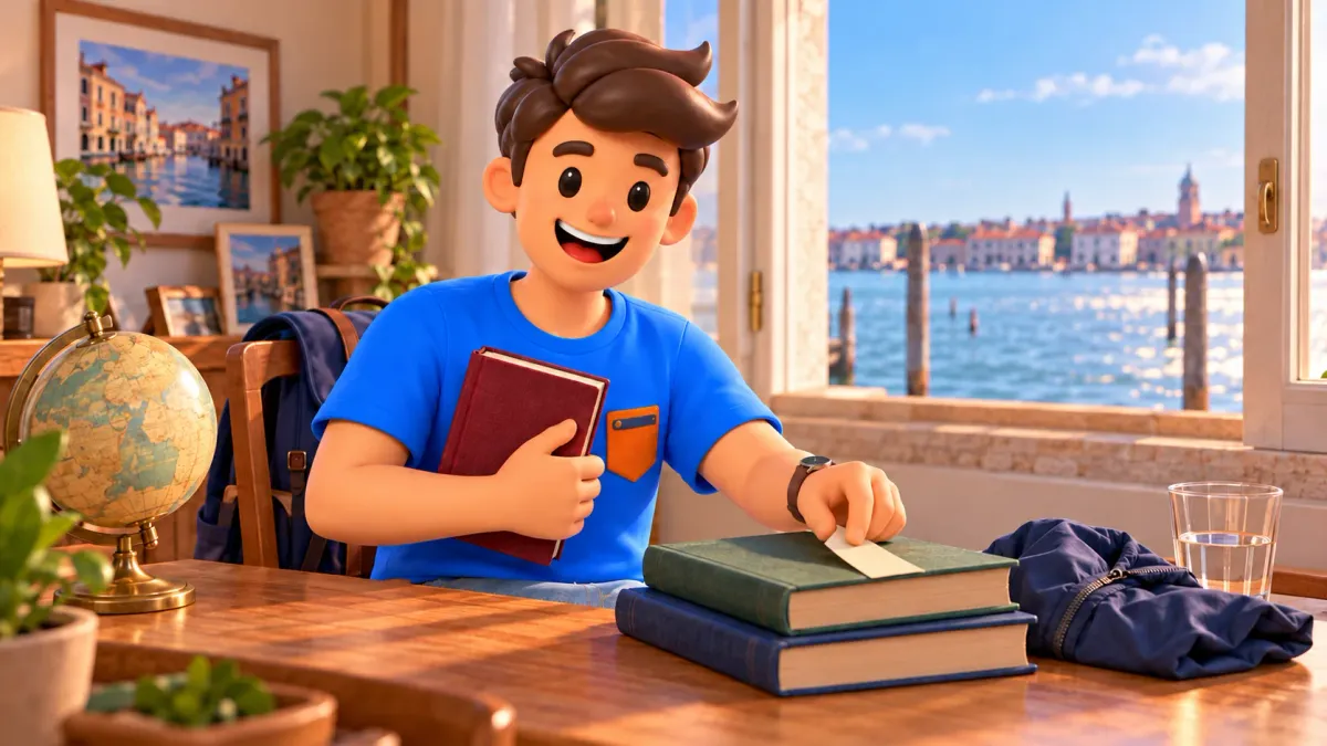 Conceptual illustration of preparing for a cultural excursion with books and a bookmark
