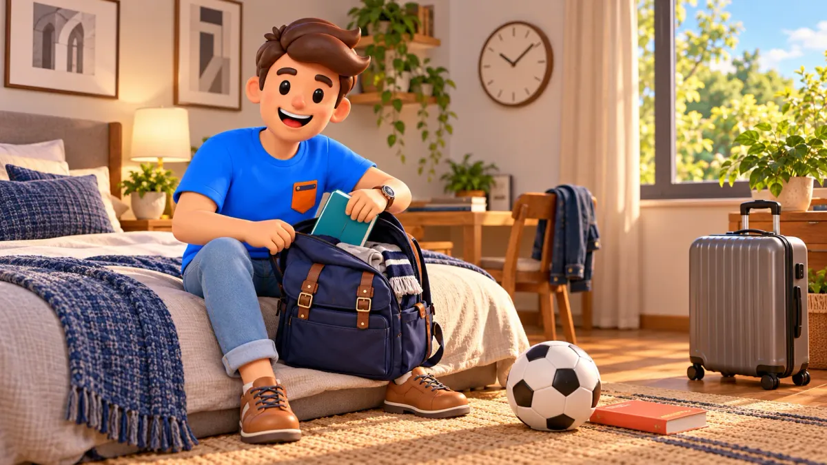 Illustration of a traveller packing a backpack for a football day, with a ball on the rug beside him.