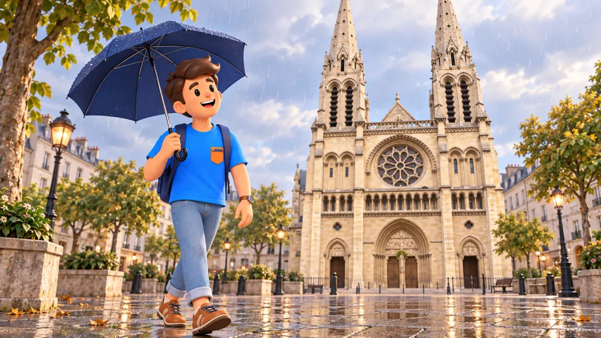 A traveler with an umbrella walks outside Saint-Jean-Baptiste de Belleville church