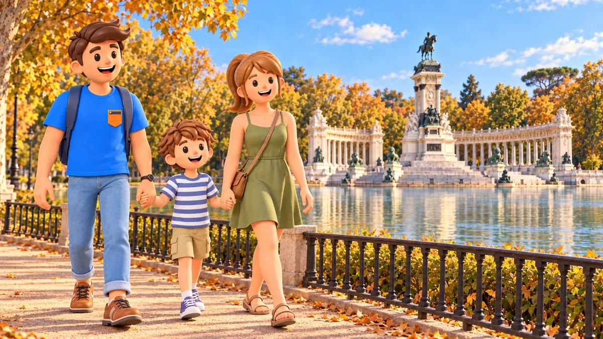 Illustrierte Familie mit Kind am großen Retiro-Teich, Denkmal Alfons’ XII. am anderen Ufer