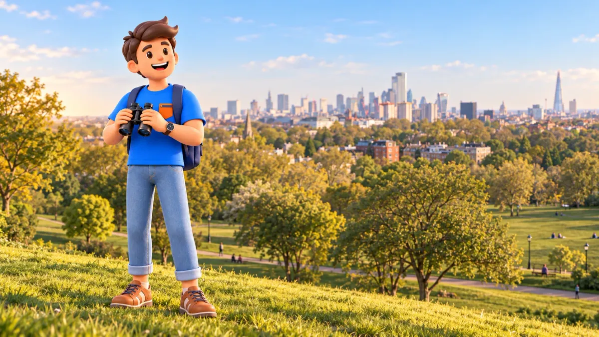 Illustration of a traveller holding binoculars on a hill with a London panorama